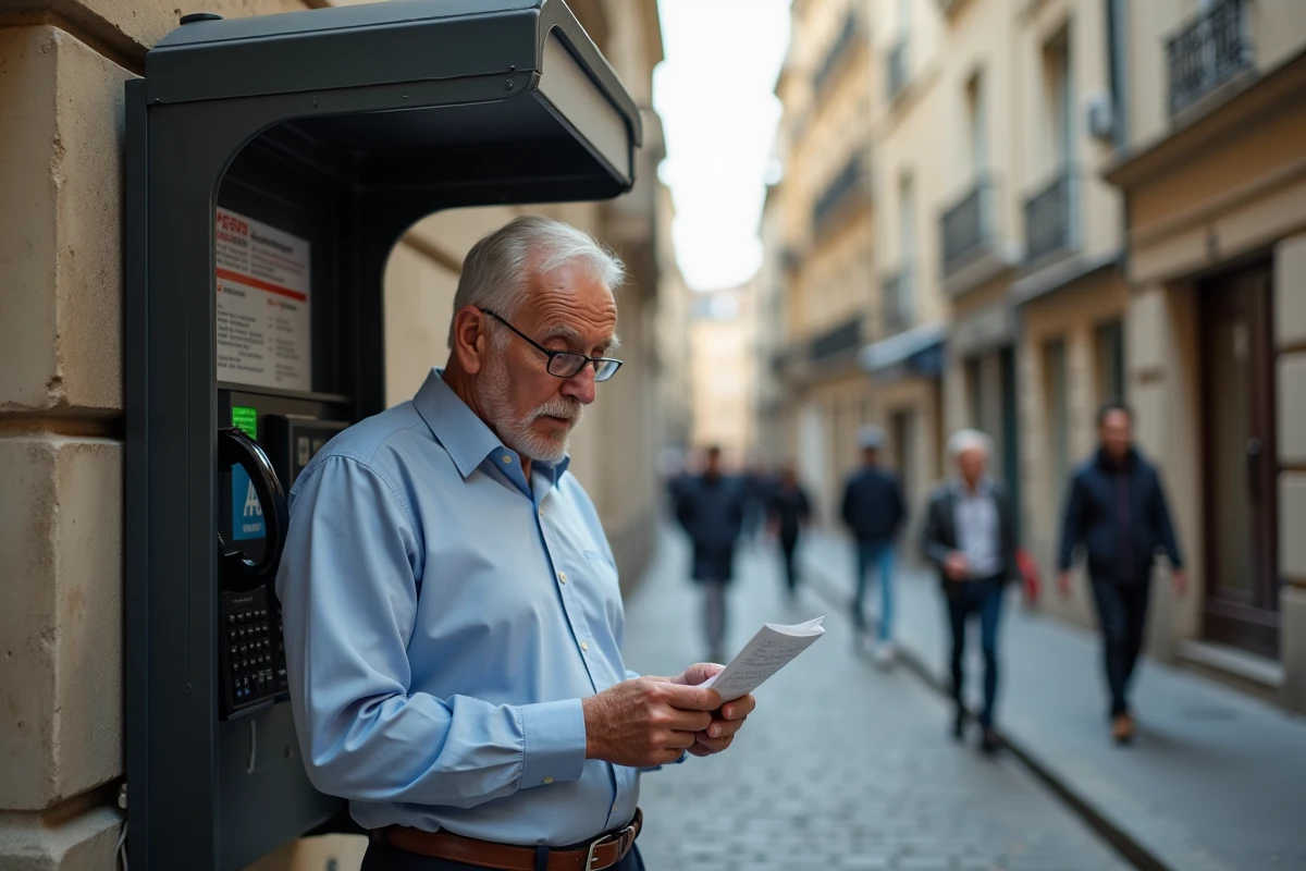 Homme âgé utilisant un téléphone public dans la rue