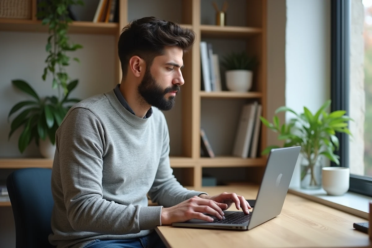 Homme concentré travaillant sur son ordinateur dans un intérieur moderne