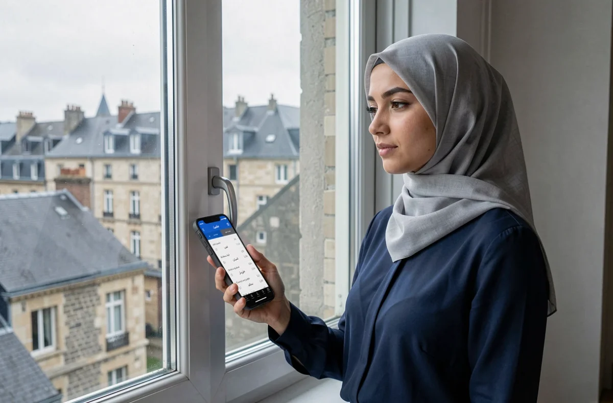 Jeune femme musulmane consulte les horaires de prière sur son téléphone devant les toits d'Angers