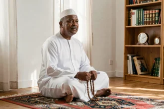 Homme musulman en tenue traditionnelle consulte son chapelet sur un tapis de prière dans un appartement d'Angers
