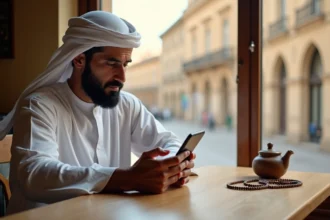 Homme consultant les horaires de prière sur smartphone à Montpellier