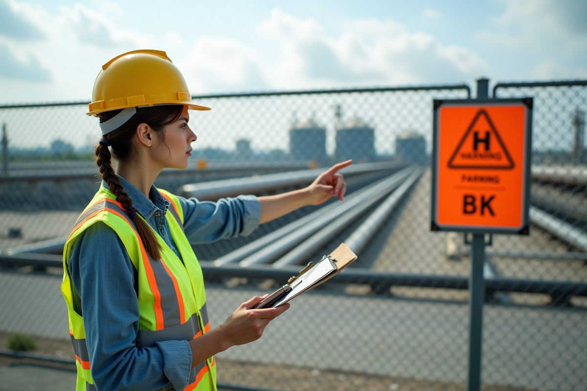 Inspectrice de sécurité pointant un panneau d