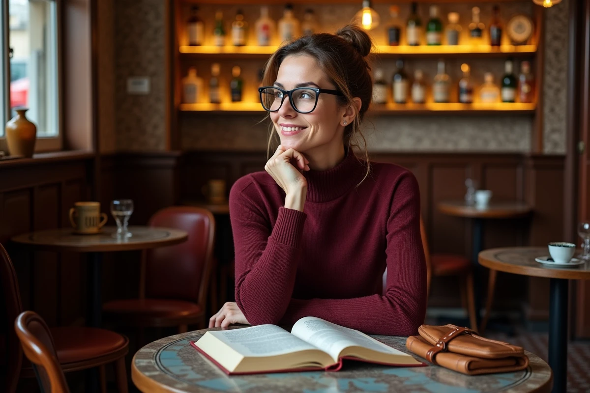 Intellectuelle française en discussion dans un café parisien traditionnel, lunettes de lecture et livre ouvert sur la table