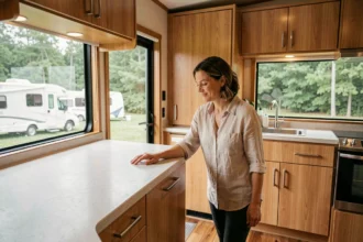 Intérieur haut de gamme d'un mobil-home avec finitions en bois laqué, poignées en métal brossé et sol en chêne, illustrant la qualité des matériaux utilisés par les grandes marques