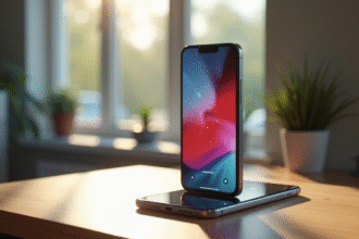 iPhone sur bureau en bois avec fond abstrait lumineux