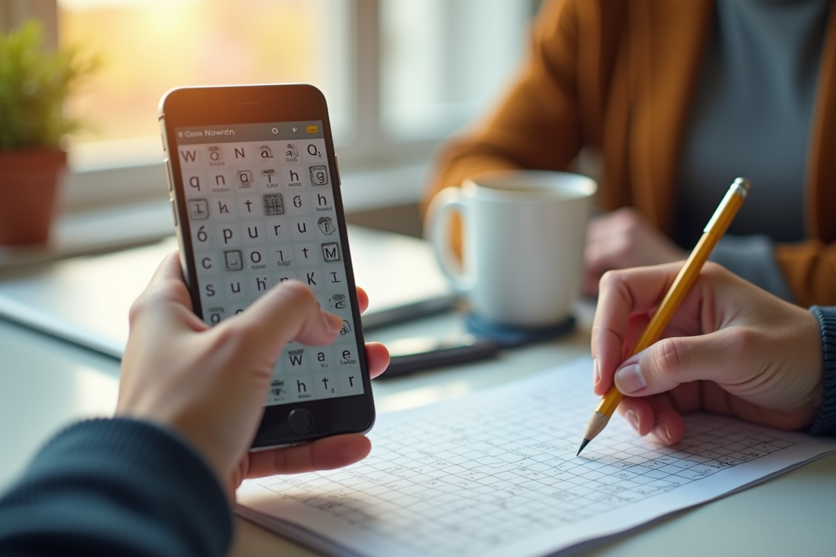 Main tenant un smartphone avec un jeu de mots croises lumineux
