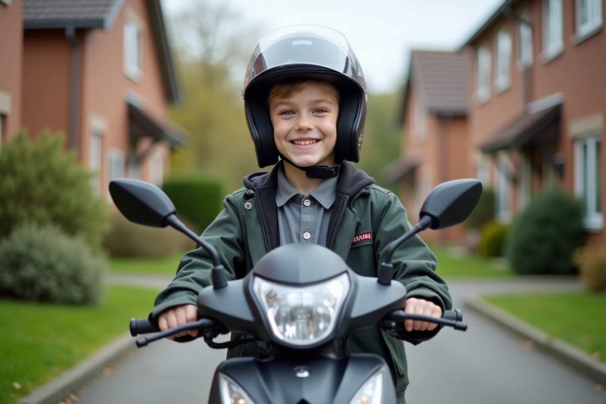 Jeune garçon souriant avec casque et moto neuve sur rue résidentielle