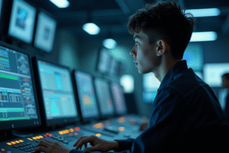 Jeune adulte dans une salle de contrôle moderne et industrielle