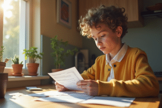 Jeune adulte à la cuisine consulte des documents et fiches de paie