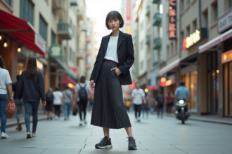 Jeune adulte en style urbain avec blazer et jupe longue
