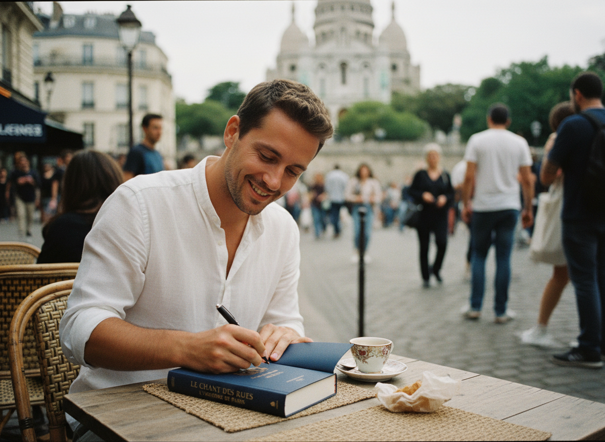 Jeune homme signant un livre dans un café parisien