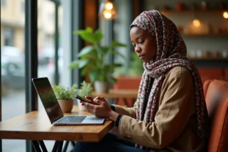 Jeune femme comorienne avec hijab dans un café moderne