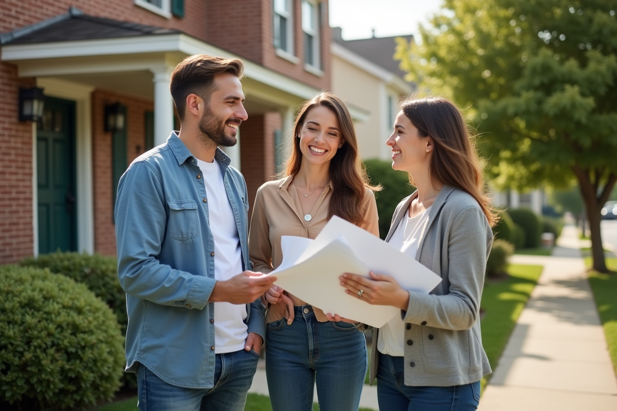 Jeune couple et agent immobilier devant une maison de banlieue