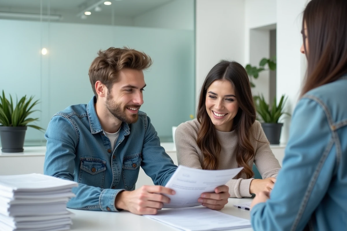 Jeune couple demandant un renseignement notarial gratuit dans un office notarial moderne