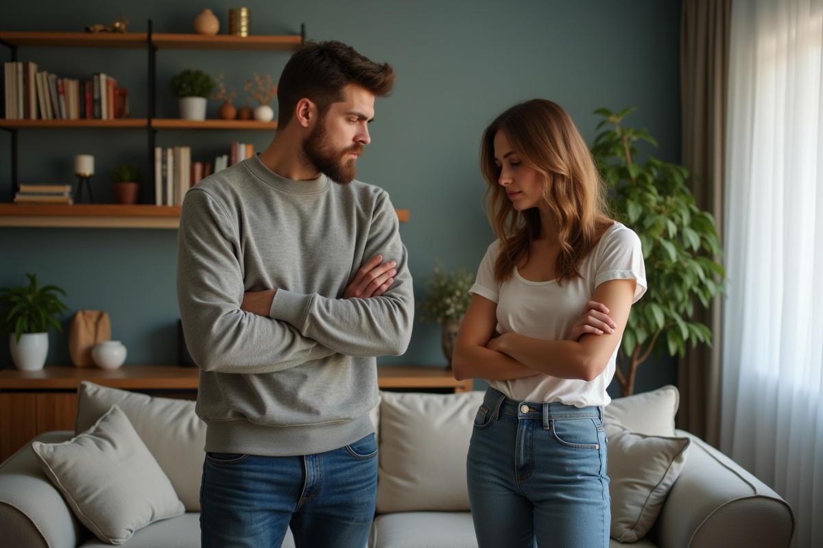 Un jeune couple dans un salon en pleine discussion