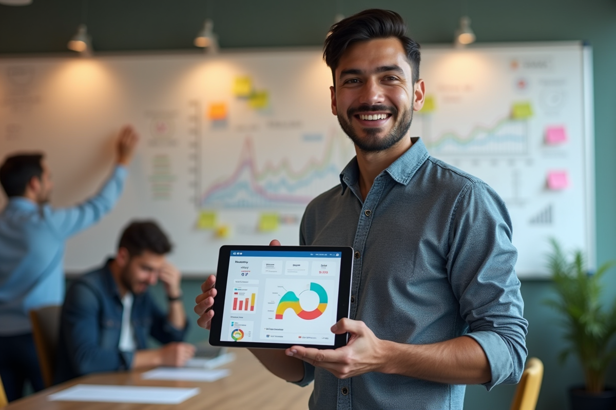 Jeune entrepreneur avec une tablette dans un espace de coworking dynamique