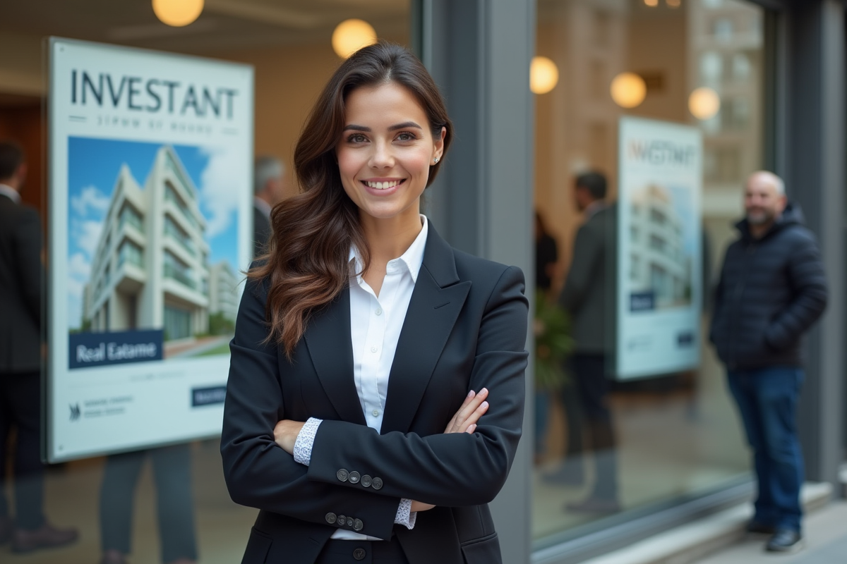 Jeune femme souriante devant une vitrine immobiliere