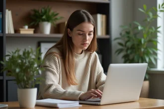 Jeune femme au bureau à domicile concentrée sur son ordinateur