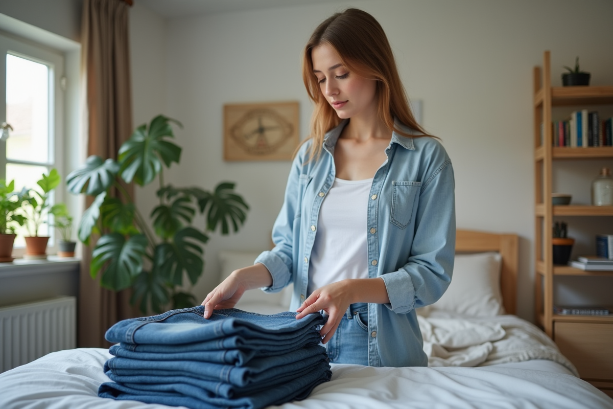 Jeune femme inspectant un jean denim dans sa chambre