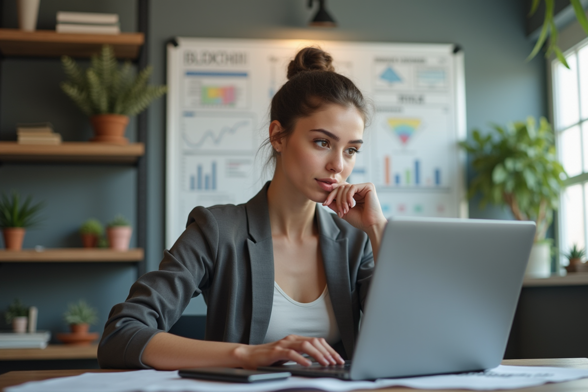 Jeune femme ingénieur travaillant sur blockchain dans un espace coworking
