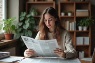 Jeune femme lisant un journal dans un bureau cosy