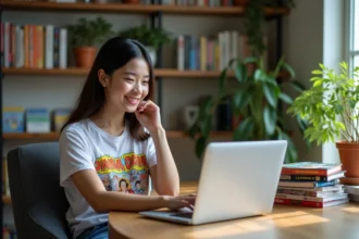 Jeune femme souriante lisant manga One Piece dans un salon lumineux