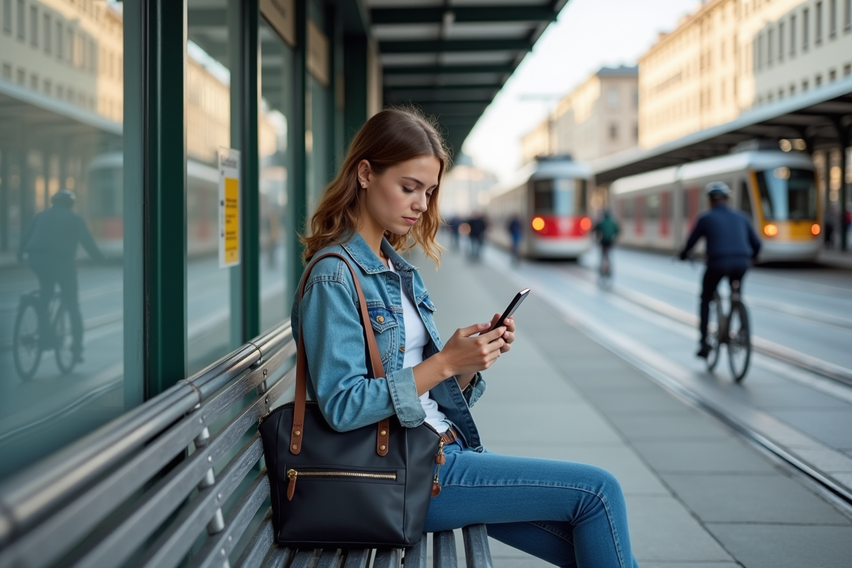 Jeune femme assise sur un banc urbain regardant son smartphone