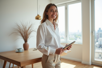 Jeune femme en chemise blanche dans un appartement moderne
