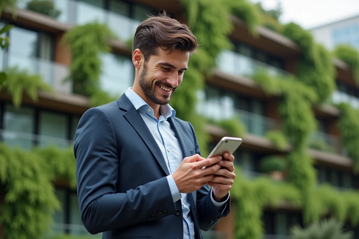 Jeune homme lisant des nouvelles financières devant un bâtiment écologique