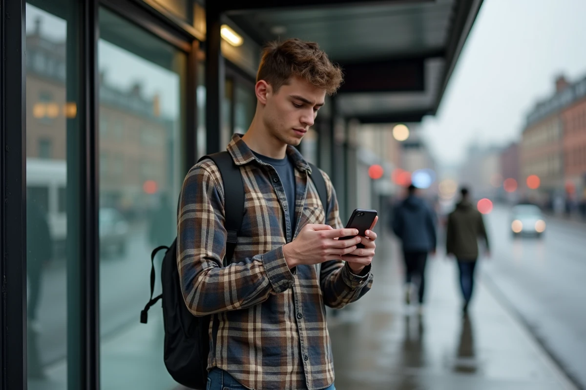 Jeune homme perplexe regardant son téléphone en extérieur