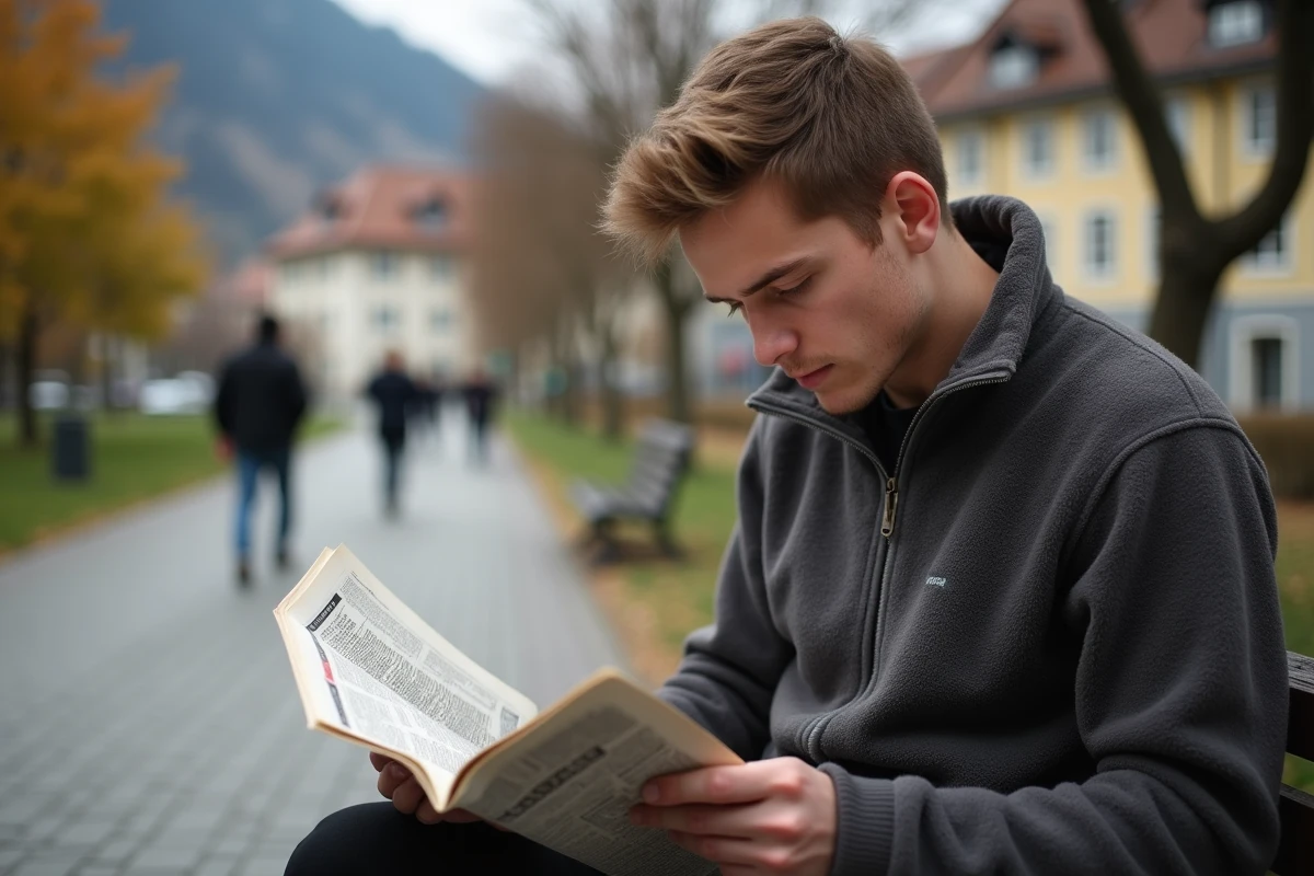 Jeune homme lisant un dictionnaire en plein air dans un parc suisse