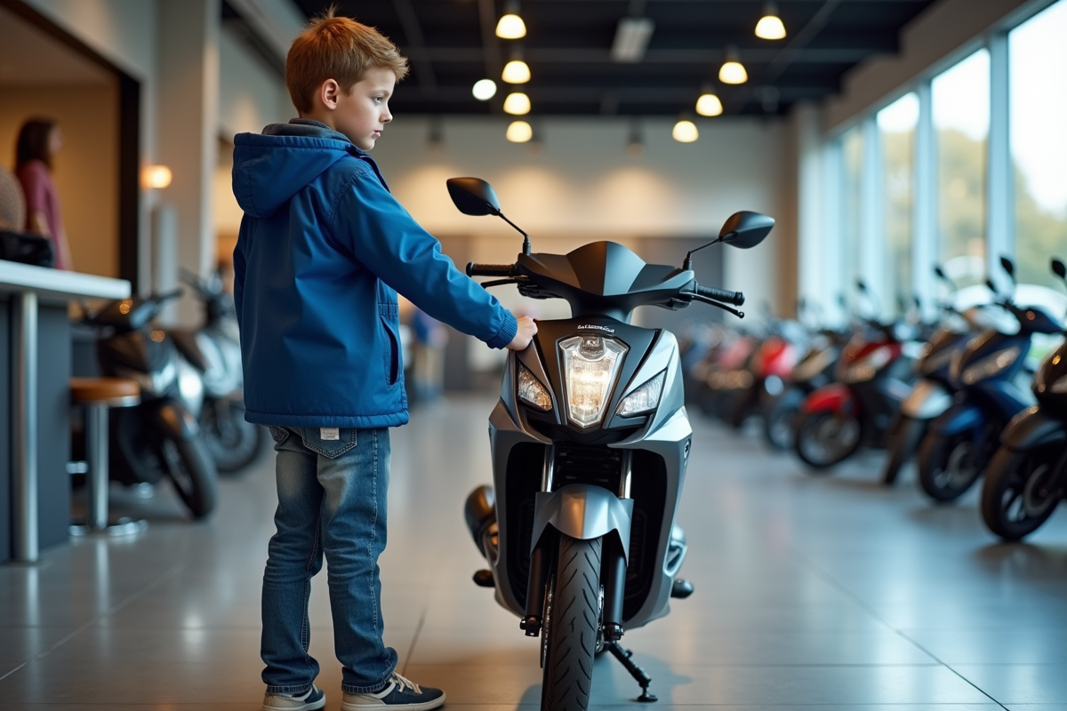 Jeune garçon regardant une moto neuve en showroom
