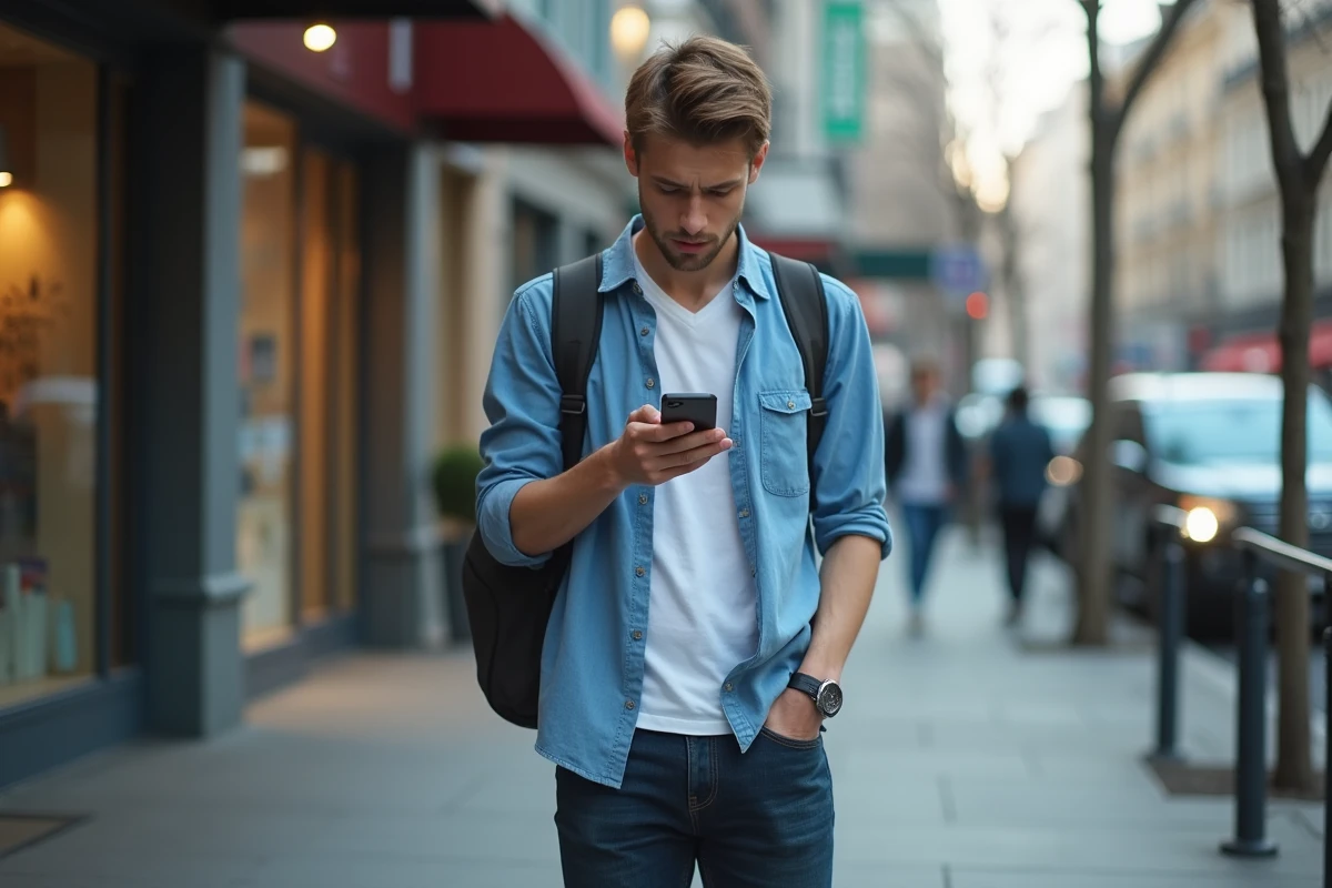 Jeune homme fâché regardant son téléphone dans la rue