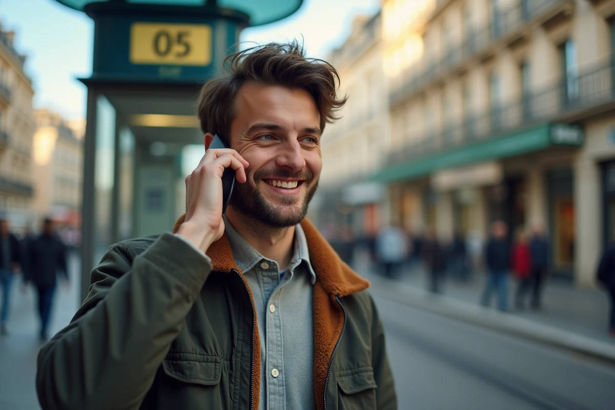 Jeune homme français parlant au smartphone à un arrêt de tram