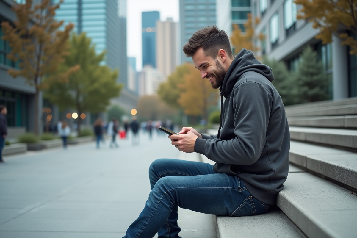 Jeune homme souriant avec smartphone dans la ville