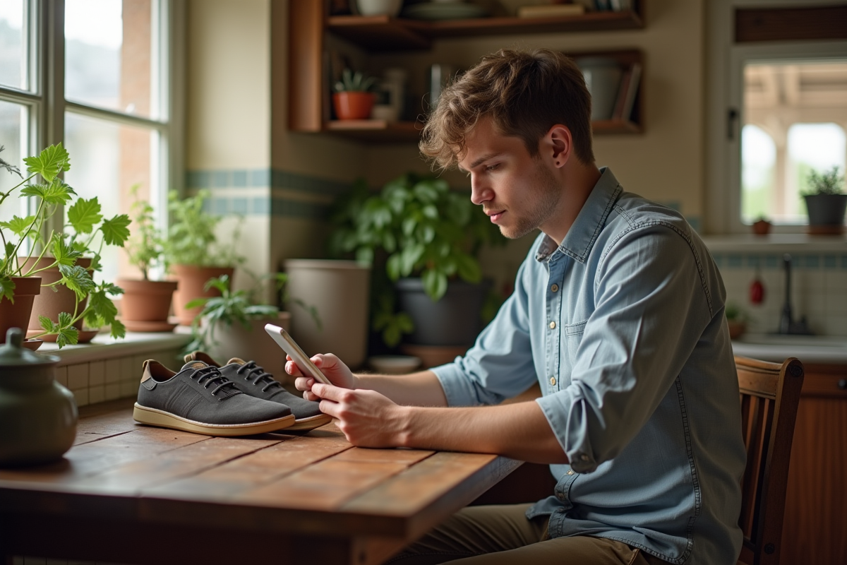 Jeune homme listant des chaussures à vendre sur son smartphone à la maison