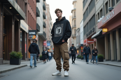 Jeune homme en streetwear dans une ville animée