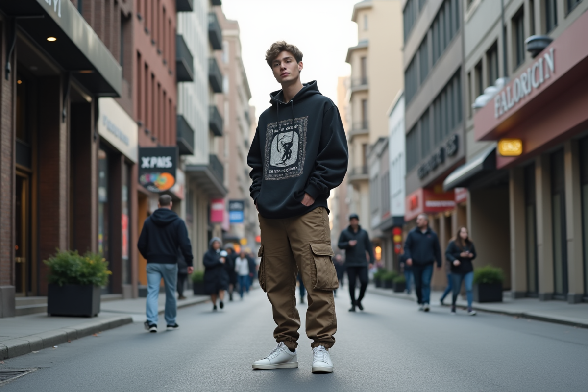 Jeune homme en streetwear dans une ville animée