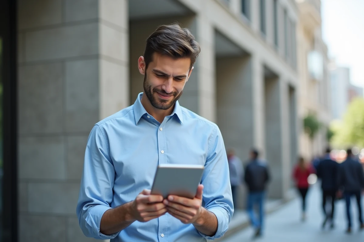 Jeune journaliste lisant un article sur une tablette en extérieur