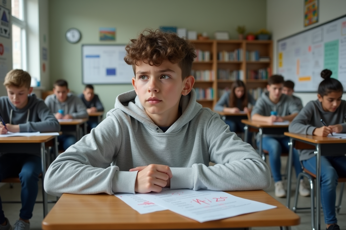 Un adolescent en classe regarde son examen avec une note de 14/20