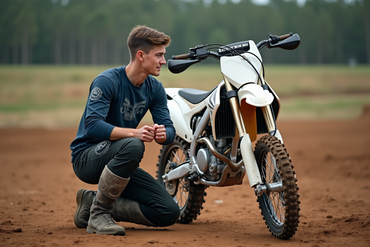 Jeune homme en motocross ajustant son genou en pleine nature
