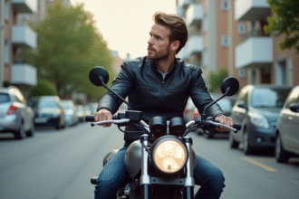 Jeune homme en moto urbaine sur une rue résidentielle