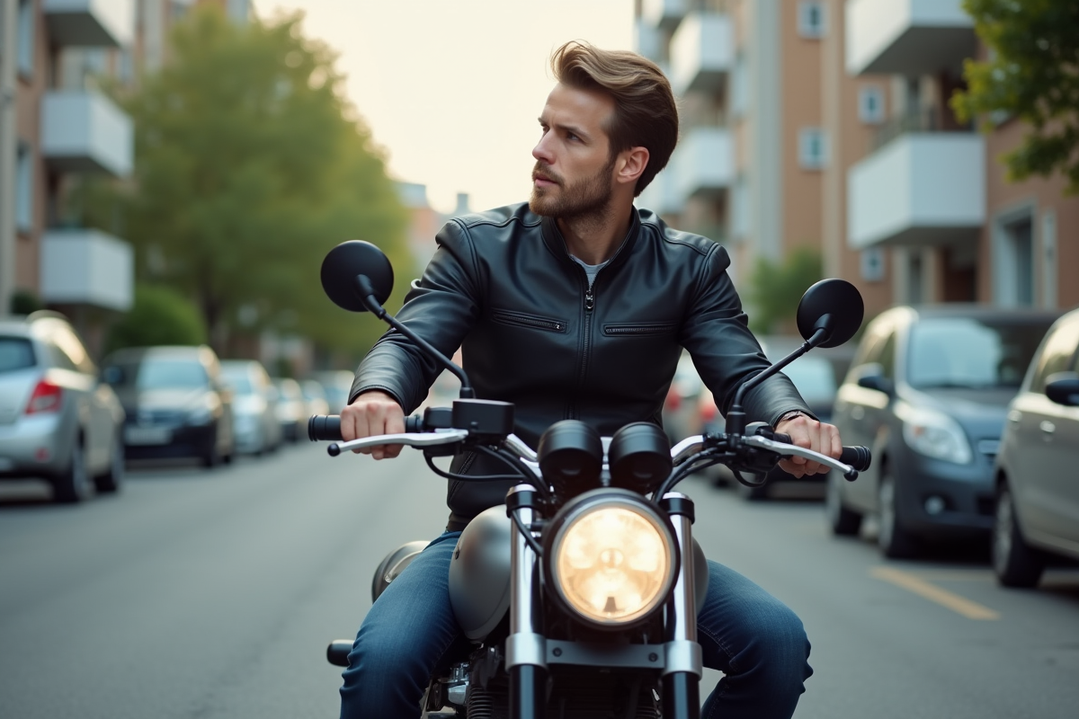 Jeune homme en moto urbaine sur une rue résidentielle