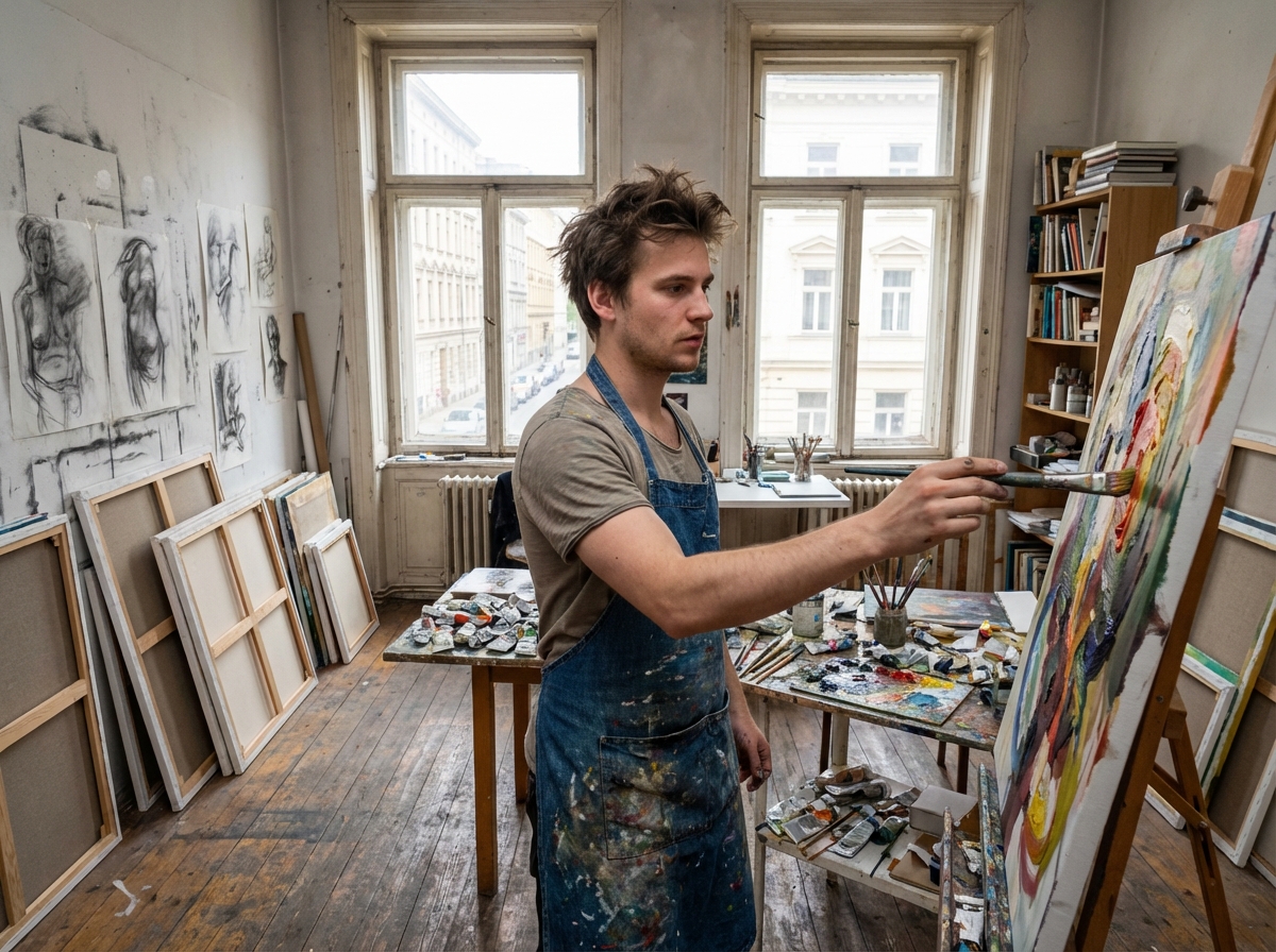Jeune homme peignant dans un atelier d