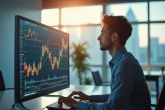 Jeune professionnel étudiant des graphiques financiers lumineux