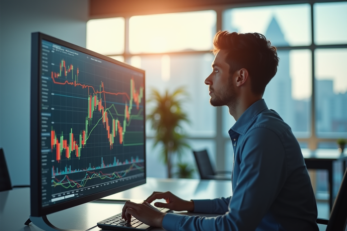 Jeune professionnel étudiant des graphiques financiers lumineux