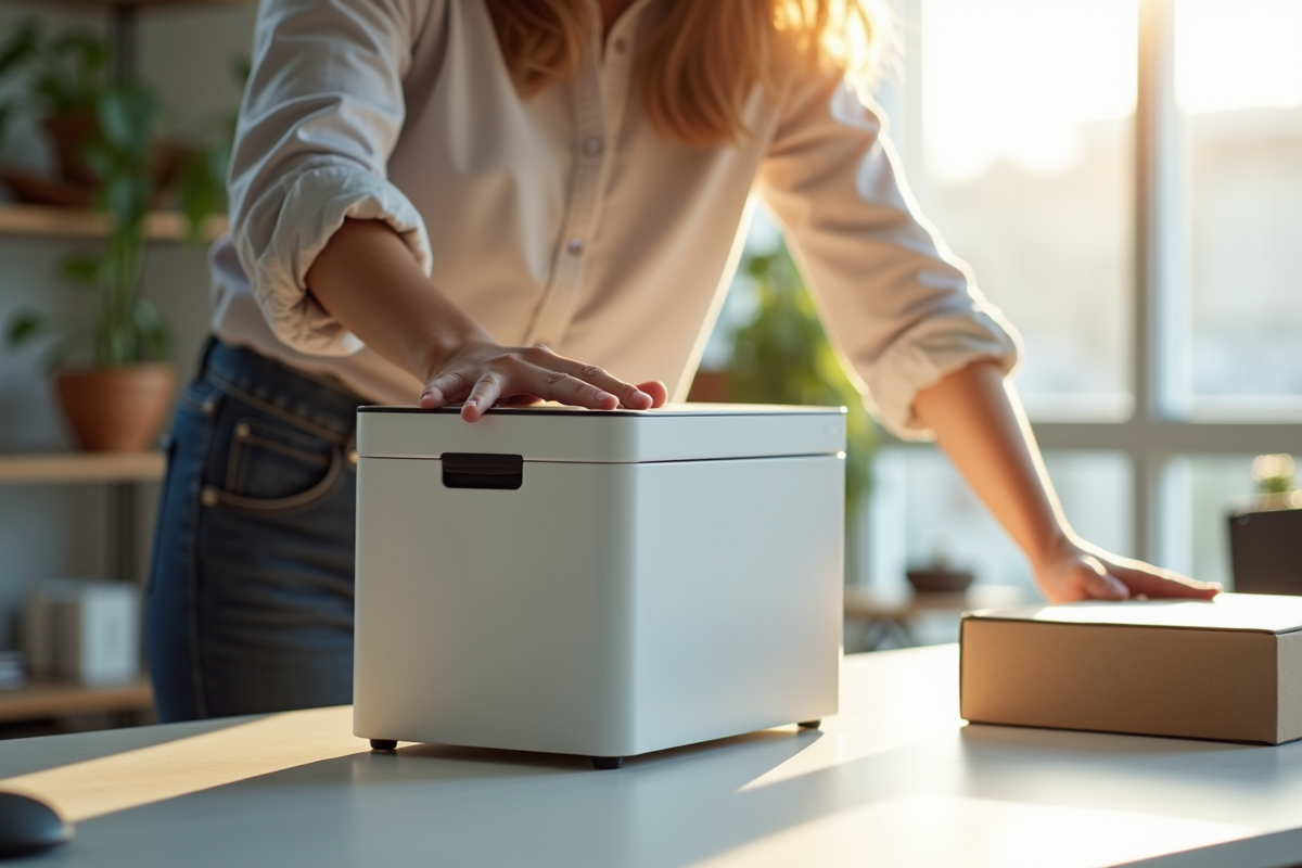 Jeune professionnel déballant une box de stockage numérique moderne