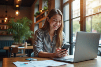Jeune professionnelle souriante utilisant smartphone et ordinateur pour banque