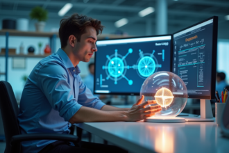 Jeune scientifique manipulant un appareil en laboratoire moderne