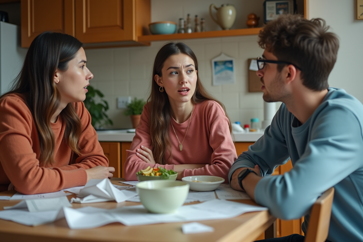 Trois jeunes adultes dans une cuisine en désaccord